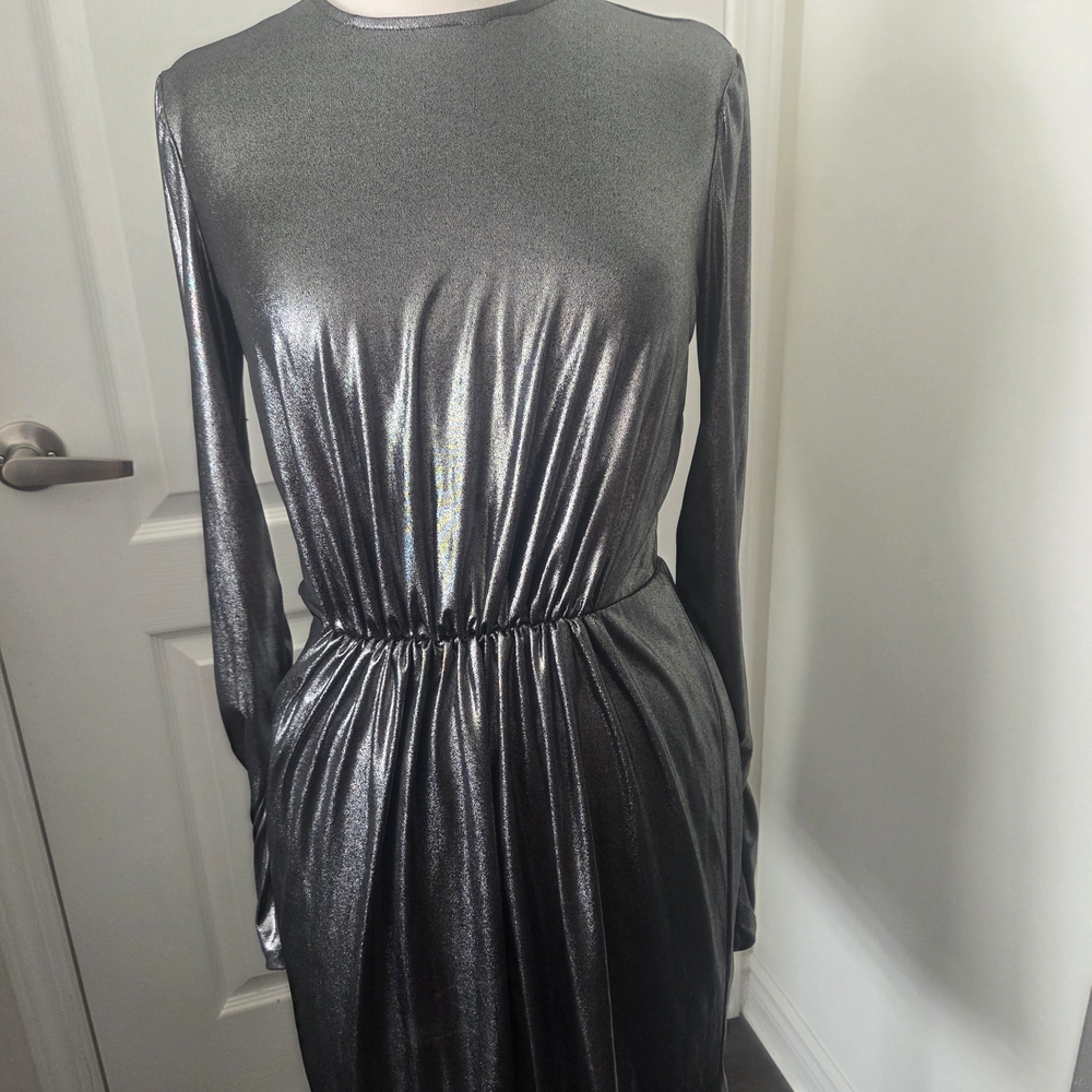 Aqua Shimmering Silver Long Sleeve Dress